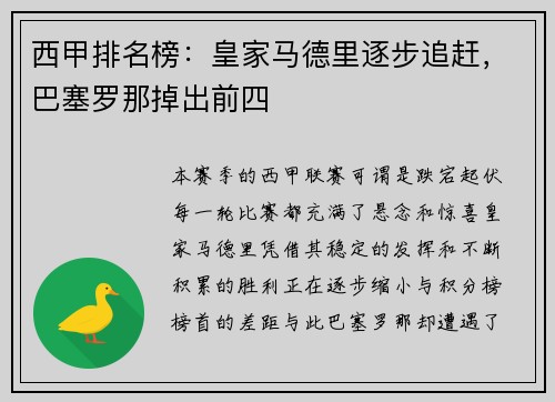 西甲排名榜：皇家马德里逐步追赶，巴塞罗那掉出前四