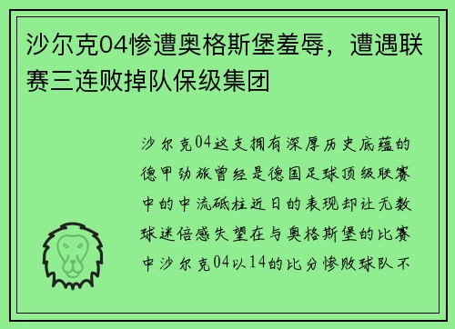 沙尔克04惨遭奥格斯堡羞辱，遭遇联赛三连败掉队保级集团
