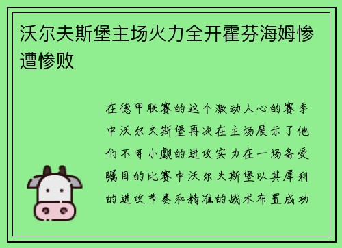 沃尔夫斯堡主场火力全开霍芬海姆惨遭惨败